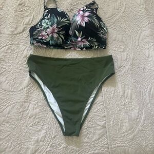 Shade & Shore- Floral Bikini Top and Green Bottoms